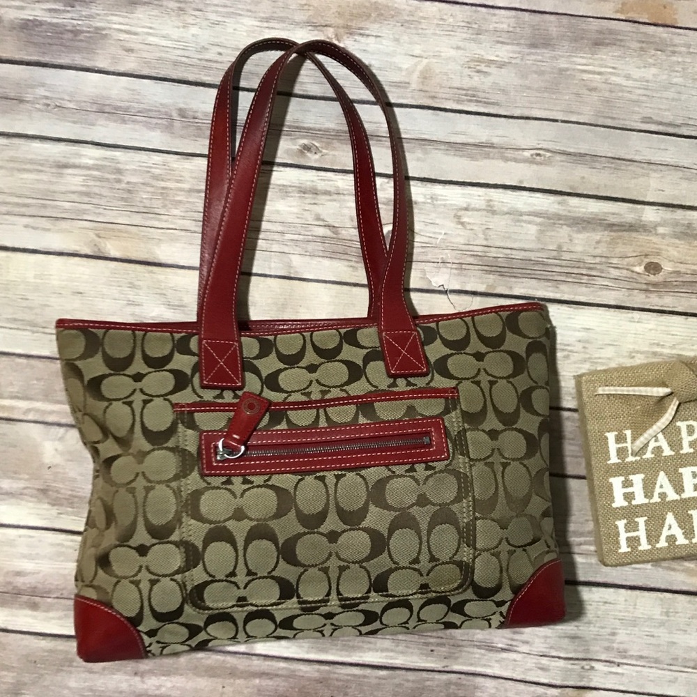 Coach Signature Tan fabric / Red Leather Purse GUC